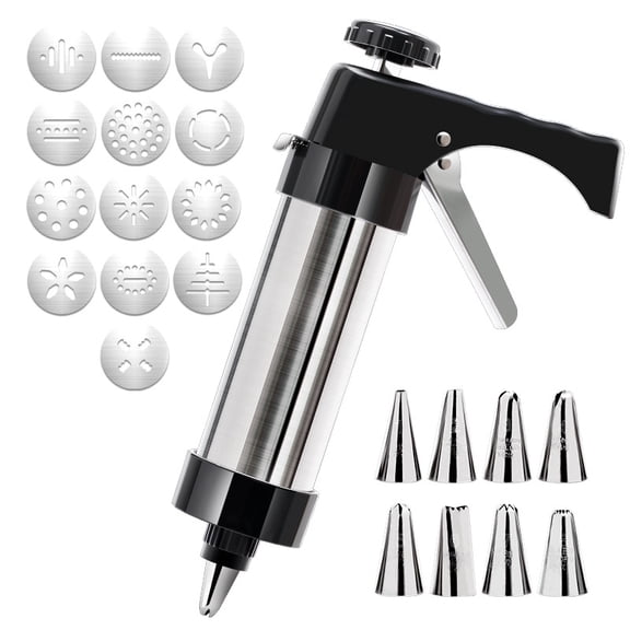 Cookie Press Gun Set for Baking, Spritz Cookie Press Gun with 13 Cookie Discs + 8 Icing Tips, Perfect for Making Homemade Christmas Cookies and Cookie Decorating (Black)