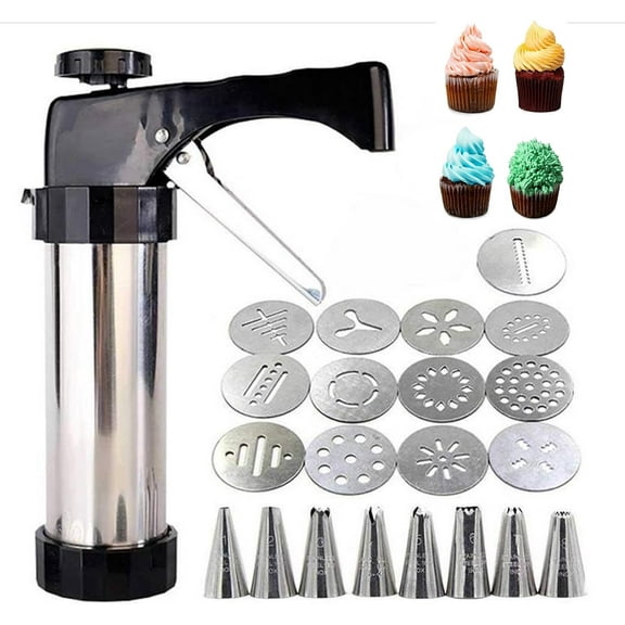 Cookie Press Gun SetStainless Steel Icing Decoration Press Gun Kit with 13 Discs and 8 Icing Tips for Home DIYStainless Steel Cookie Maker Biscuit Maker and DecorationBlack