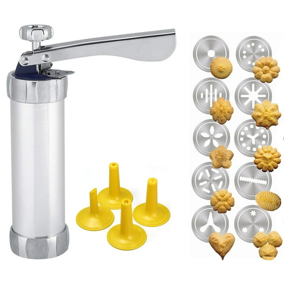 Cookie Press Stainless Steel Cookie Gun Kit for Baking, Biscuit Maker and Decoration Gun Kit with 25 Cookie Discs 4 Nozzles for DIY Biscuit Maker and Decoration