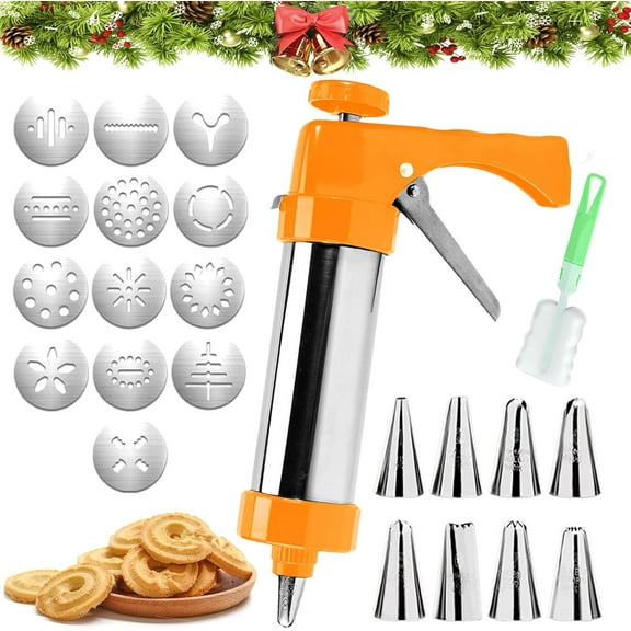 Cookie Press, Stainless Steel Cookie Press Gun with 13 Spritz Cookie Press Stencil Discs and 8 Icing Tips, Multifunctional Cookie Press for Baking, Perfect for Cookie Maker and Cake Icing 8.7 Inch