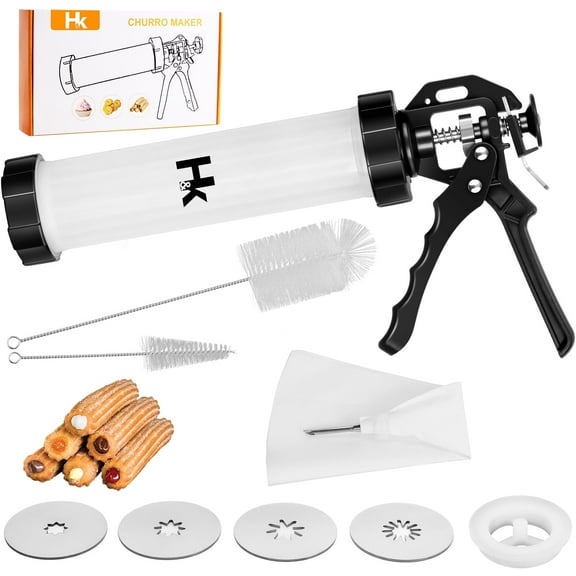 HK Cookie Presses, Churro Maker Kit, Churro Maker Gun with Piping Bag and 2 Cleaning Brushes, 5 Nozzles for Various Shapes
