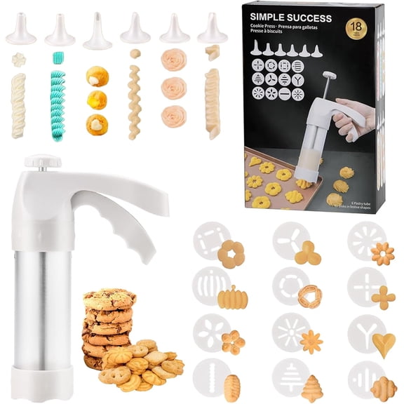 Cookie Pss Gun White - Spritz Cookie Pss Kit with 12 Discs & 6 Piping Tips | Perfect for Thanksgiving Christmas, Baking & Cake Decorating