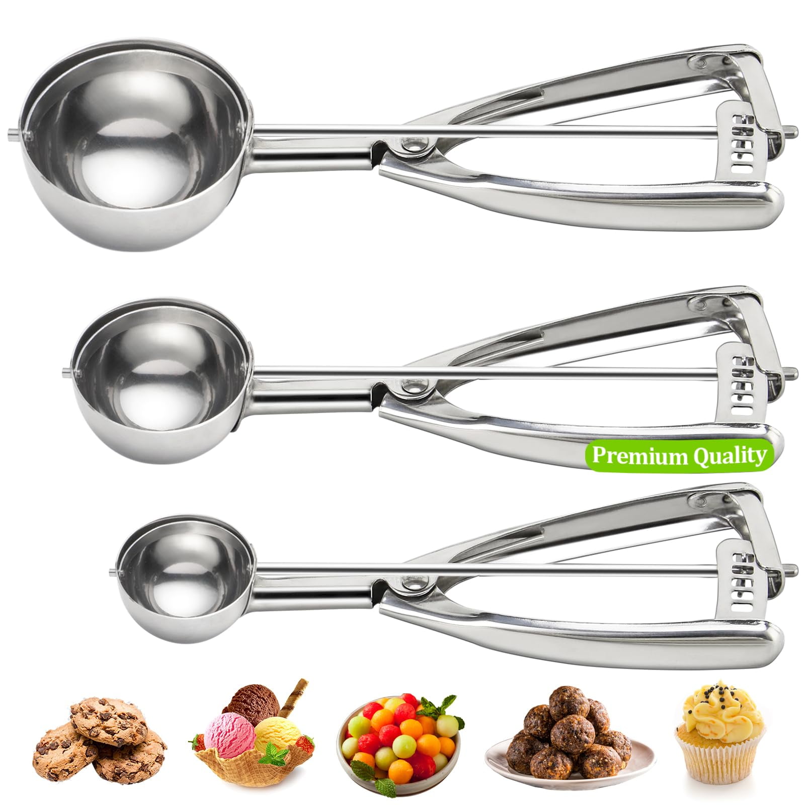 FUNNYFAIRYE Cookie Scoop, Ice Cream Scooper set with Trigger, Small, Medium  and Large Stainless Steel Cookie Scoops Set of 3 for Baking 