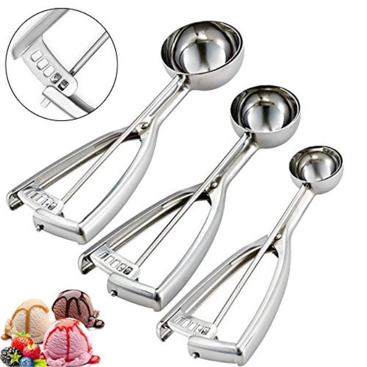 Wddeevoi 3 Pack Ice Cream Scoop Cookie Scoop Set Small/Medium/Large Ice Cream Scooper Cookie Scoops for Baking, Silver, S-M-L