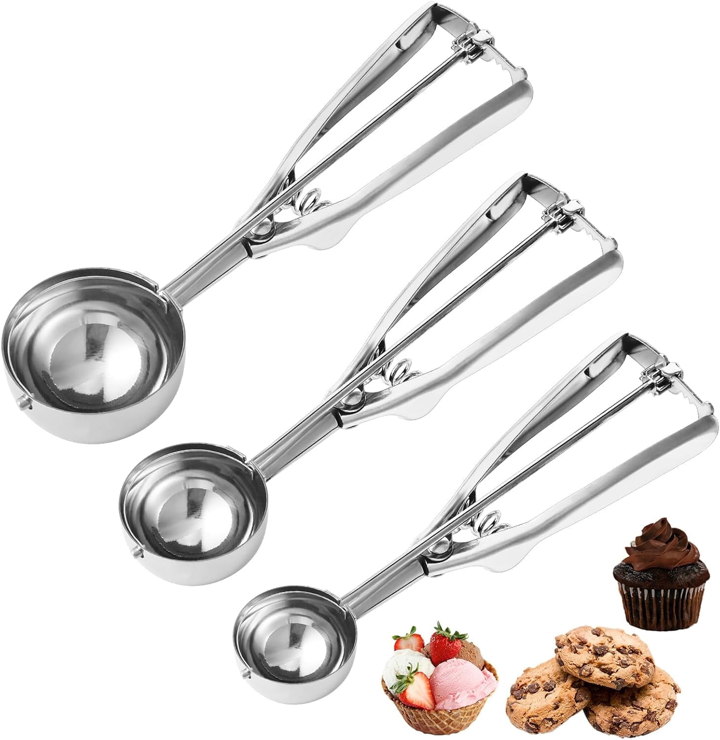 Cookie Scoop,Set of 3 Cookie Cupcake Dough Scoops for Baking 1 Tbsp,2 Tbsp,3 Tbsp,Stainless Steel Ice Cream Scooper with Trigger Release