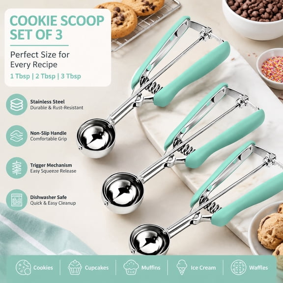 Cookie Scoop Set of 3, Including 1 Tbsp/2 Tbsp/3 Tbsp, Non-Slip Handle, Perfect for Cookies, Cupcakes, Muffins, Ice Cream, Baking Tools