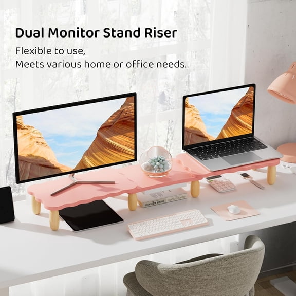 Cookie-Shaped Adjustable Length & Swivel Angle, Wooden Desktop Organizer for 2 Monitors, Stand With Drawer for Laptop, PC, Computer, Printer, Pink