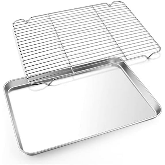 Cookie Sheet with Rack Set, Half Sheet Baking Pan for Oven Cooking, 18x13 Stainless Steel Rimmed Tray with Wire Cooling Rack for Roasting Broiling Bacon Meat Steak - Dishwasher Safe