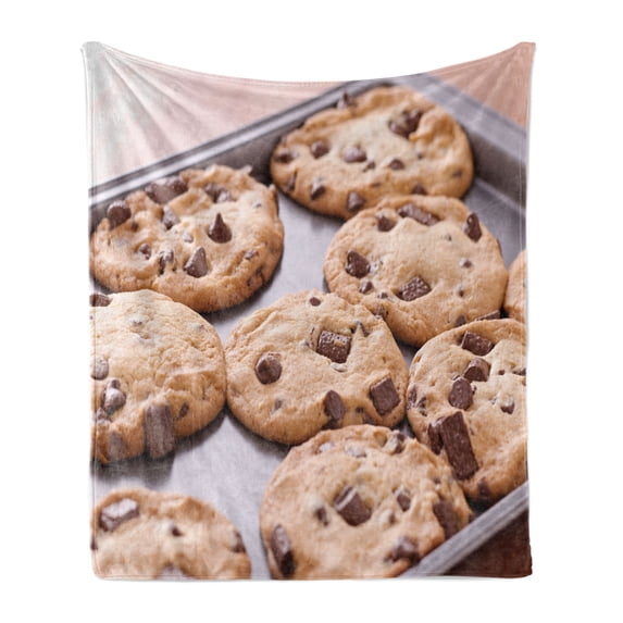 Cookie Soft Flannel Fleece Blanket, Chocolate Chip Snacks on a Tray Baking Themed Food Photography Dessert Time Concept, Cozy Plush for Indoor and Outdoor Use, 70" x 90", Multicolor, by Ambesonne