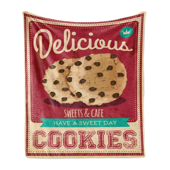 Cookie Soft Flannel Fleece Throw Blanket, Chocolate Chip Advertisement Doughy Have a Day Lettering Delicious Vintage, Cozy Plush for Indoor and Outdoor Use, 50" x 70", Multicolor, by Ambesonne