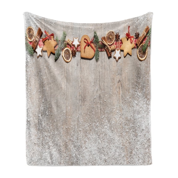 Cookie Soft Flannel Fleece Throw Blanket, Christmas Themed Background with Fir Branches Spices and Biscuits on Wooden Board, Cozy Plush for Indoor and Outdoor Use, 50" x 60", Multicolor, by Ambesonne