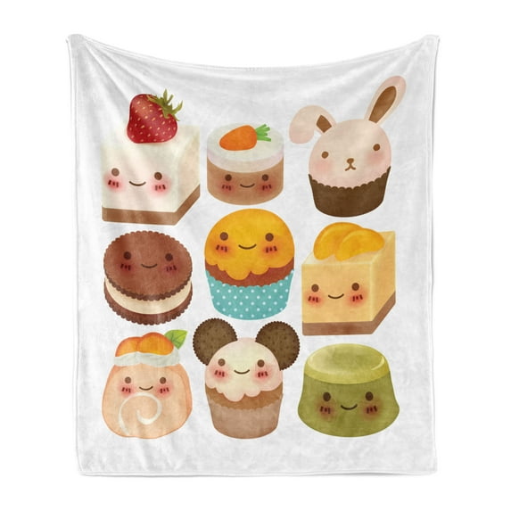 Cookie Soft Flannel Fleece Throw Blanket, Kawaii Baked Goods with Smiles on Their Faces Desserts Girly Bunny Ears Print, Cozy Plush for Indoor and Outdoor Use, 60" x 80", Multicolor, by Ambesonne