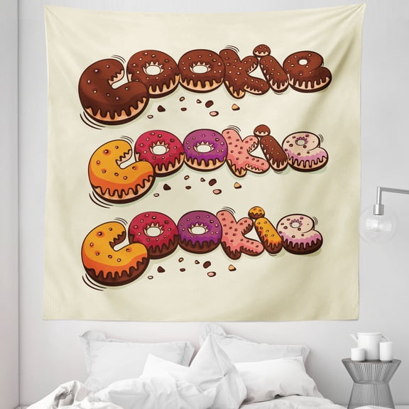 Cookie Tapestry, Cookies Font Bakery Theme Delicious Doodle Cupcakes Ornamented with Cream Image, Fabric Wall Hanging Decor for Bedroom Living Room Dorm, 5 Sizes, Multicolor, by Ambesonne