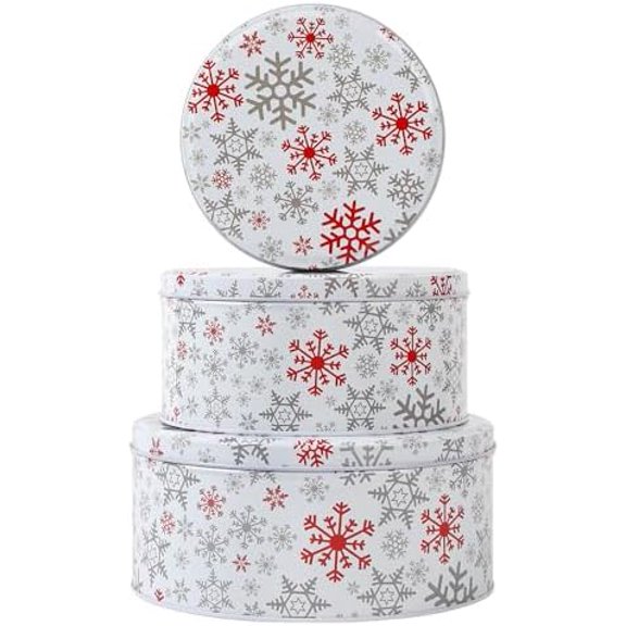 Cookie Tin Round Storage Tins for Christmas Gift Giving, 3Pcs Extra Thick Metal - Large, Medium and Small Sizes