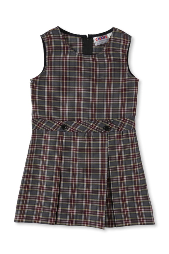 Cookie's Little Girls’ Bib Front Jumper with Kick Pleats (Sizes 2 - 6X) Color: gray/burgundy/gold/white *plaid #43* Size: 5
