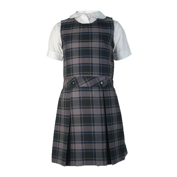 Cookie's Little Girls’ Bib Front Jumper with Kick Pleats (Sizes 2 - 6X) Color: gray/royal/gold *plaid #87* Size: 2