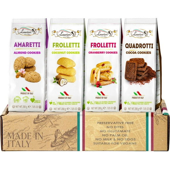 Cookies Gift Basket - MSF2Pack Of 4 - Italian Cookie Gift Pack - Shortbread Italian Snacks - Assortment of Coconut, Almond, Cranberry and Cocoa Flavors - Kosher, Vegan, Preservatives Free