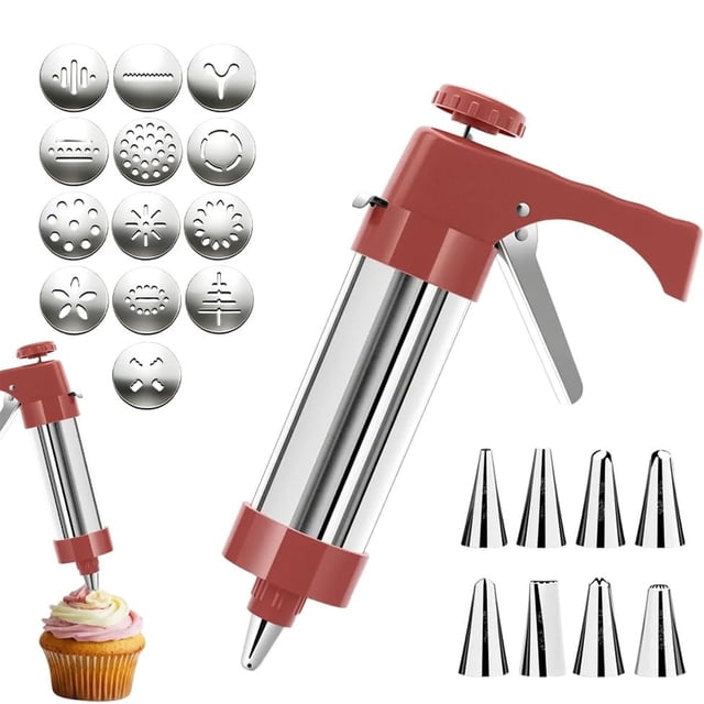 Cookies Press, Stainless Steel New Cookies Press for Baking,Cookie Press Gun Kit with 8 Icing Tips and 13 Cookie Discs for Kitchen Baking