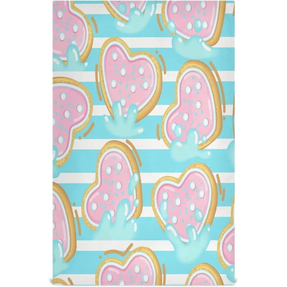 Cookies Valentine Hearts Dish Towels Set of 1, Blue Stripes Washable Tea Towels Dishcloths Lint-Free 18x28 Inch Fast Drying for Home Kitchen Clean