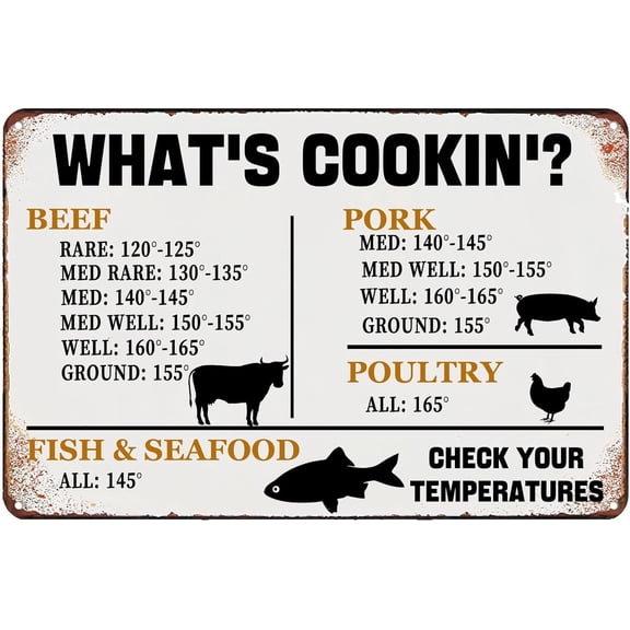 What's Cookin' Meat Temperatures Retro Metal Tin Sign,Measurement Kitchen Conversion Magnet Sign Cooking Chart Decor for Kitchen Restaurant Home Bars Cafes Store 12 X 8 Inch