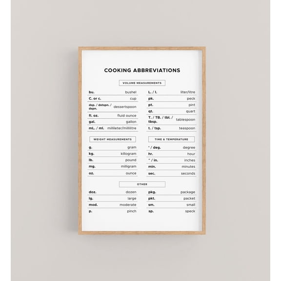 Cooking Abbreviations Chart Cheat Sheet Baking Kitchen Wall Art, Unframed Paper Poster 11x14in