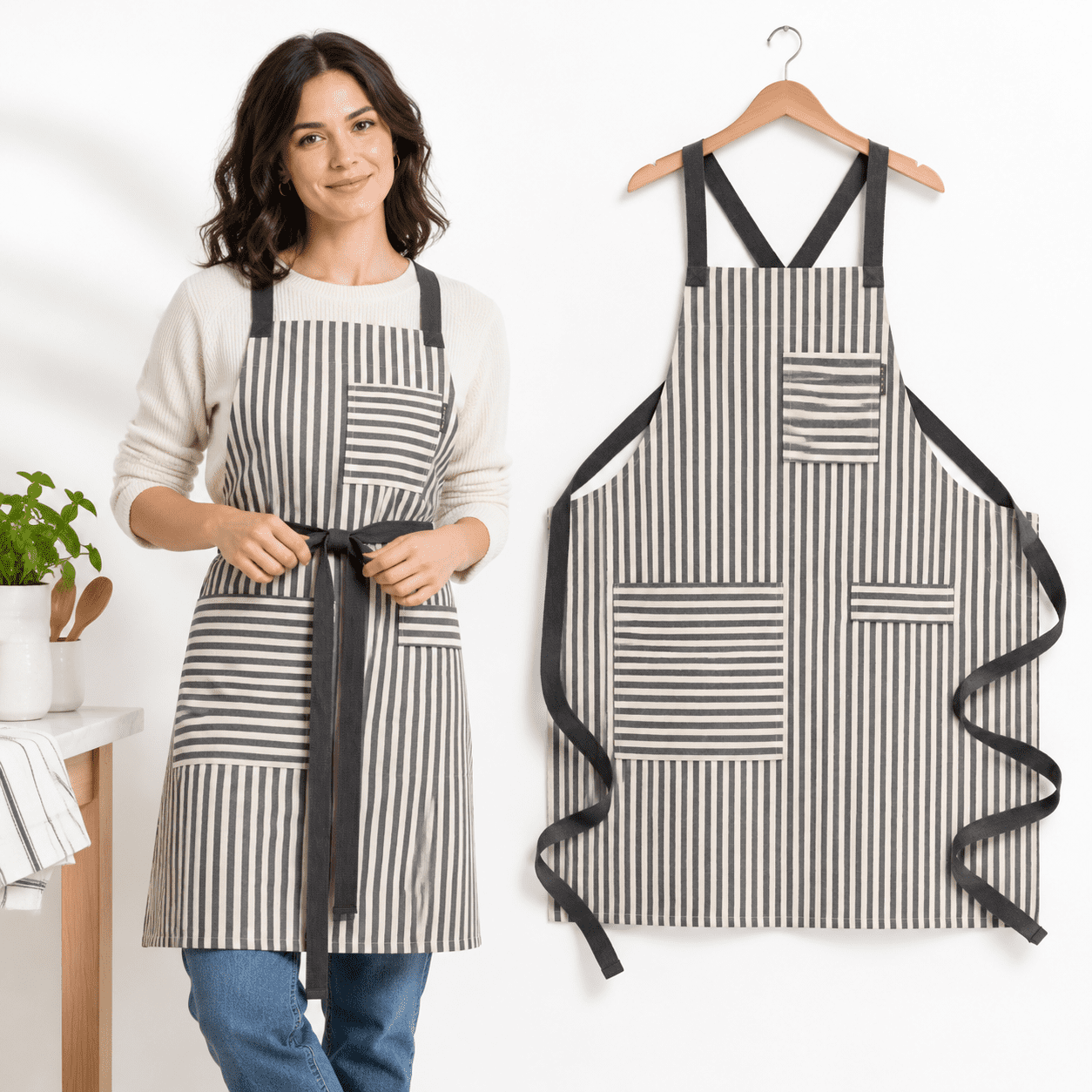 Cooking Apron Charcoal Striped Home Chef with Pockets for Baking and ...
