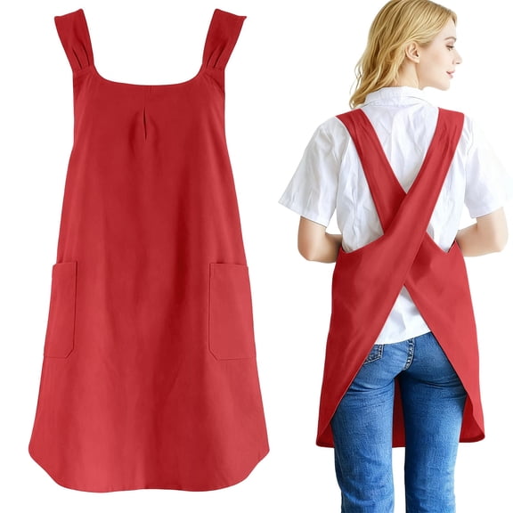 Cooking Apron, Cross Back X-Shaped Japanese Style Pinafore Dress for Women Men with Pockets Cute for Baking Kitchen, Daily Chores