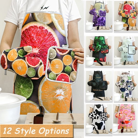 Cooking Apron and Oven Gloves Set, Kitchen Apron with Pocket Heat Resistant Pot Holder Waterproof Chef Baking Apron for Women Home Kitchen Garden Restaurant