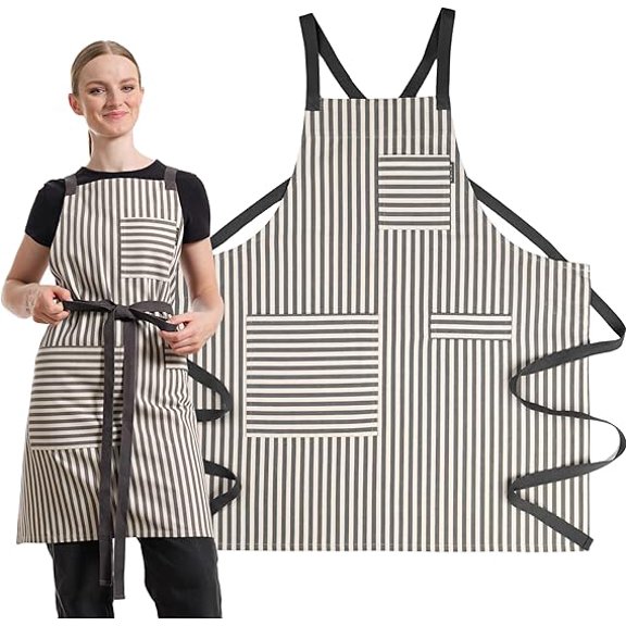 Cooking Apron with Pockets, Cross Back Apron Professional Chef Aprons for Men & Women, Cotton