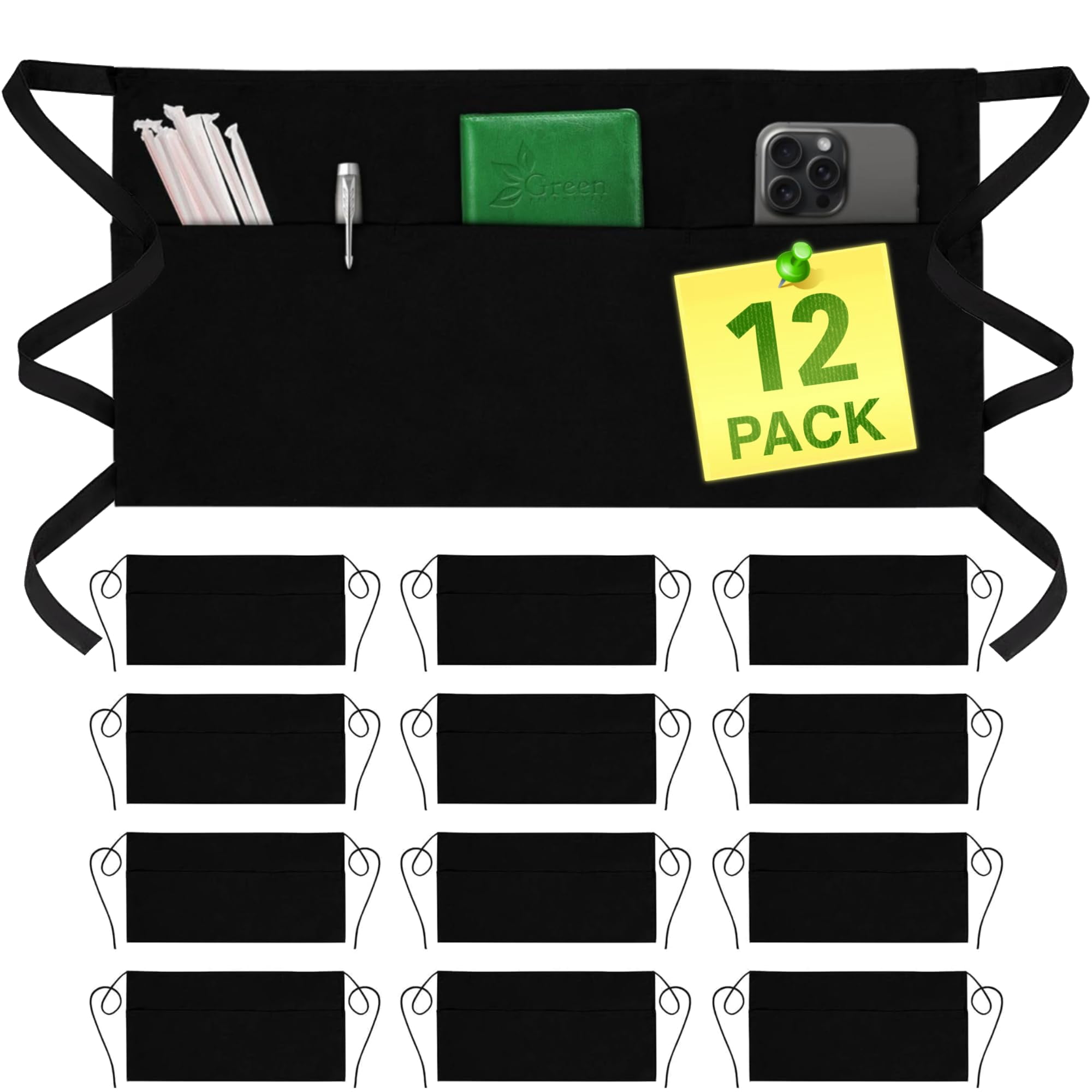 Cooking Aprons Server - 12 Pack Water Resistant Waist Apron with 3 Pockets