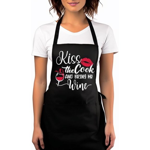 Cooking Aprons for Women with 2 Pockets,Baking Cute Apron,Kiss The Cook And Bring Me A Wine, Mothers Day