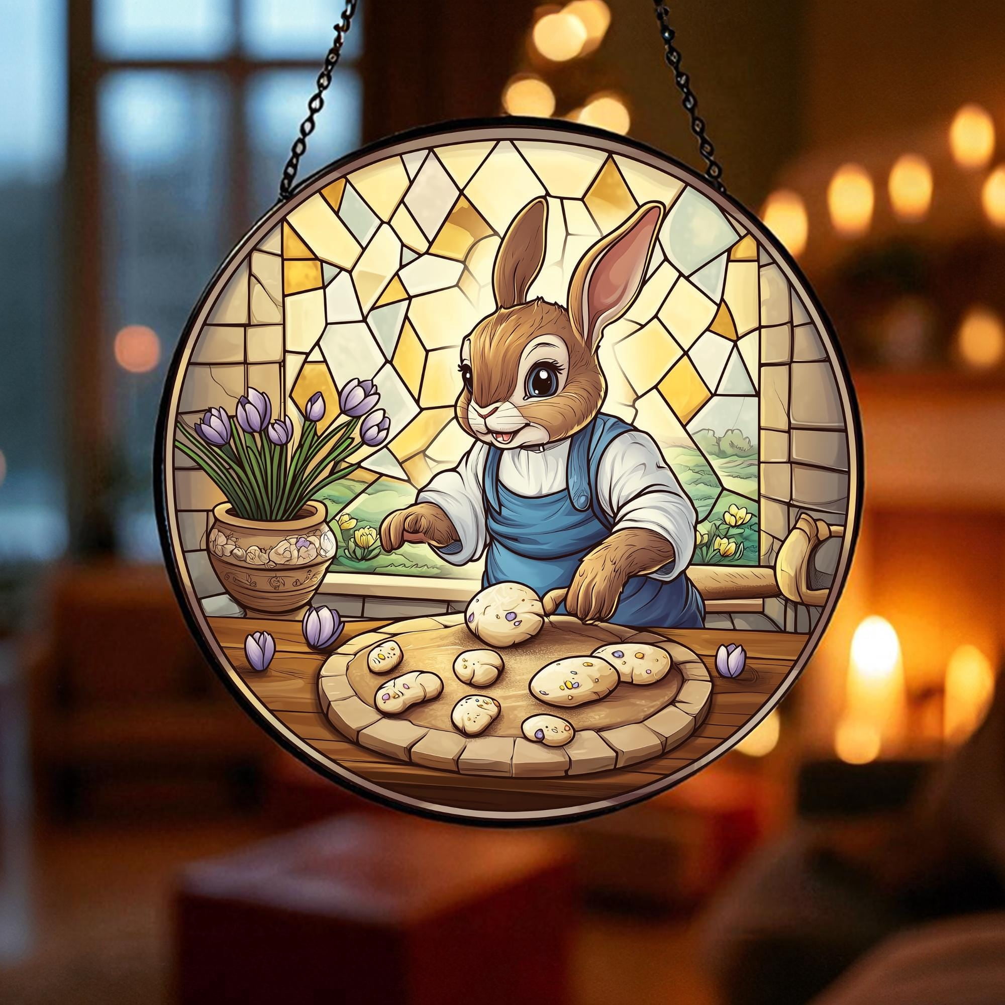 Cooking Bunny Baker Rabbit Floral Design Stained Glass Suncatcher ...