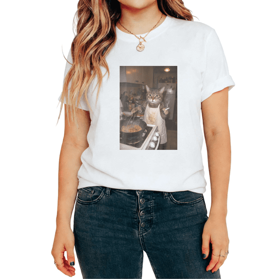 Cooking Cat Meme Graphic Relaxed Fit Tees T-shirt Chef Cat With Cigarette Realistic Tops Round Neck White S-5XL