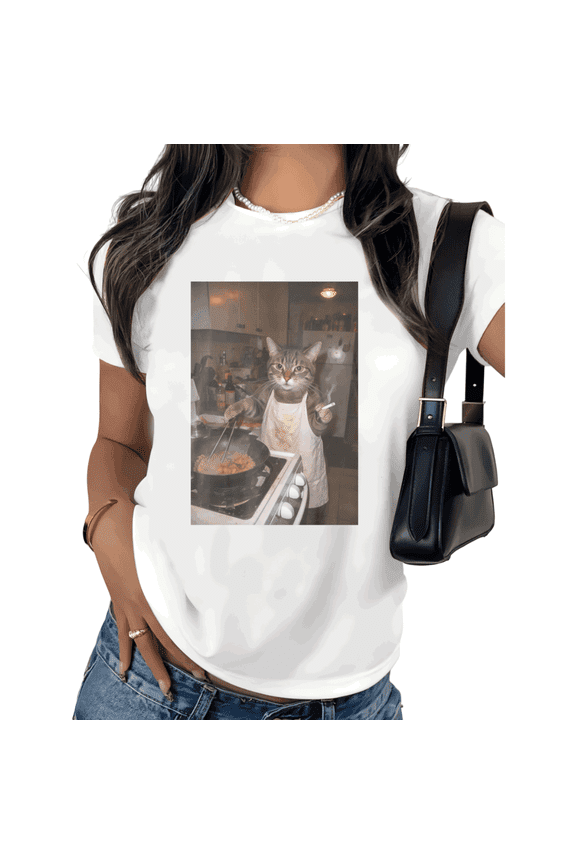 Cooking Cat Shirt Graphic Tees Print Tshirt Shirts White Women Funny Chef Cat Meme Humor Kitchen Design Casual Summer Tee Size S-5XL Tops