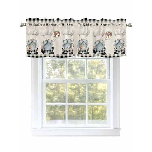 Cooking Chef Gnome Valances for Windows, Rod Pocket Kitchen Valance Curtains - Soft & Washable Small Window Treatment for Living Room, Bathroom, Cake Black Buffalo Plaid 54x18inch, 1 Panel