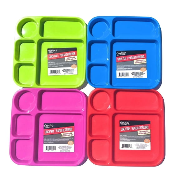Cooking Concepts Divided Lunch Tray Bundle-Set of 4 Kids colorful dinner breakfast BPA free microwave dishwasher safe individual plates toddlers all ages