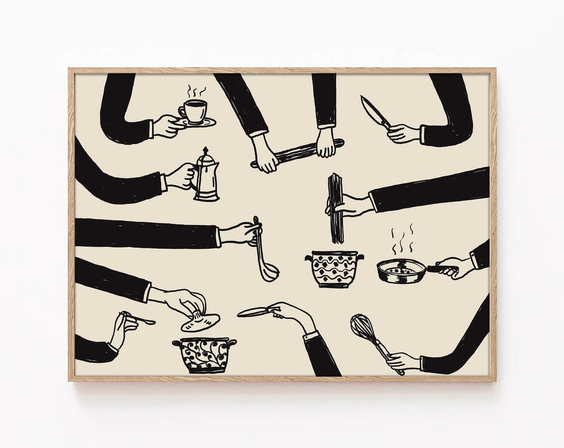 Cooking Hands Holding Dishes Wall Art Print, Retro Food Preparation ...