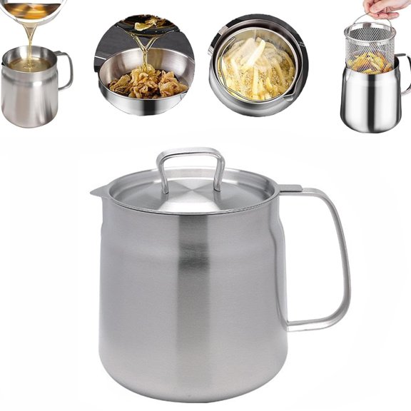 Cooking Oil Container with Strainer,Bexikou 1.5L Stainless Steel Bacon Grease Container with Fine Mesh Strainer & Deep Fryer Basket, Cooking Oil Pot for Kitchen,Milk Pot for Tea Coffee