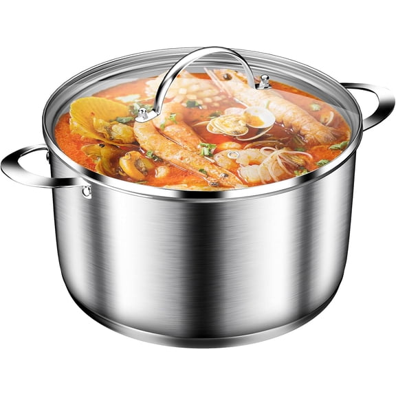 Cooking Pot, Stainless Steel Stock Pot with Glass Lid, 6 Quart Soup Pot, Induction Compatible, Dishwasher Safe