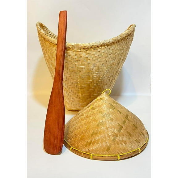 Cooking Rice Bamboo Steamer Basket with Lid and Paddle, Thai Import, Medium