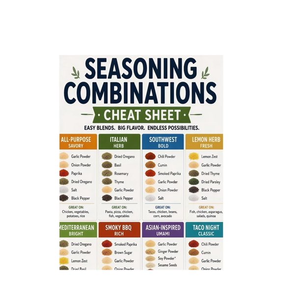 Cooking Spice Guide Poster Seasoning Combinations Cheat Sheet
