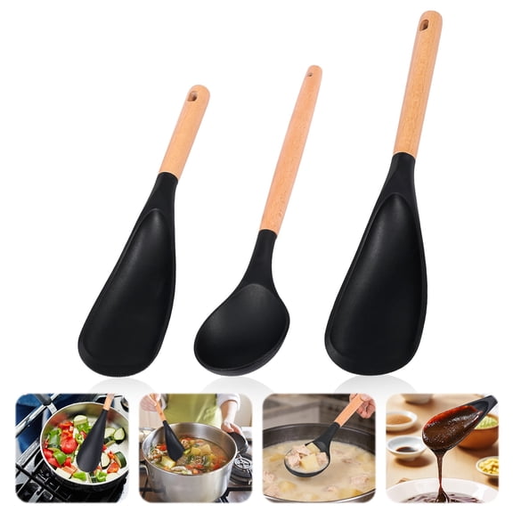 3 Pcs Silicone Cooking Spoons Nonstick Safe Wood Handle Spoon for Mixing and Serving, Heat Resistant BPA-Free 3 Sizes
