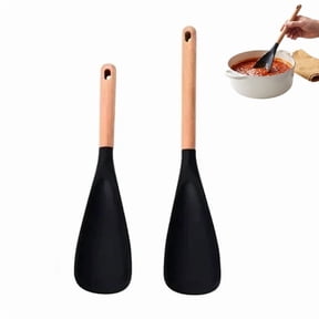 Cooking Spoon for Nonstick Cookwares, Great for Cooking and Serving Sturdy BPA-Free Matte Silicone, Wood Handle Spoon for Mixing, Scoop, and Scrape (2 Pack of Black, 11.4 inch)