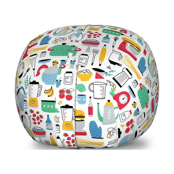 Cooking Storage Toy Bag Chair, Colorful Continuous Kitchen Items and Foods Blender Cookware Spaghetti Strawberry, Stuffed Animal Organizer Washable Bag, Small Size, Multicolor, by Ambesonne