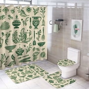 Cooking Symbols 4 Pcs Shower Curtain Sets with Non-Slip Rugs Toilet Lid Cover And Bath Mat Cooking Pattern Waterproof Shower Curtain for Bathroom Decor