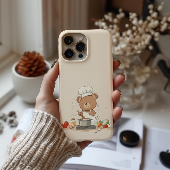 Cooking Teddy Bear Phone Case For iPhone Samsung Pixel Slim Hard Cover Brown Cartoon Animal Art Gift
