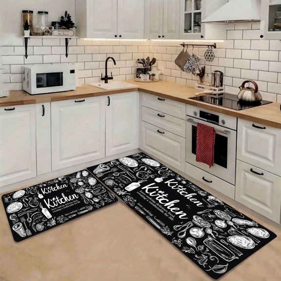 Cooking Theme Graphic Kitchen Print Rug, Polyester Durable Floor Mat, Multiple Sizes, For Kitchen Laundry Room Porch, Holiday Gift for Home Cooks