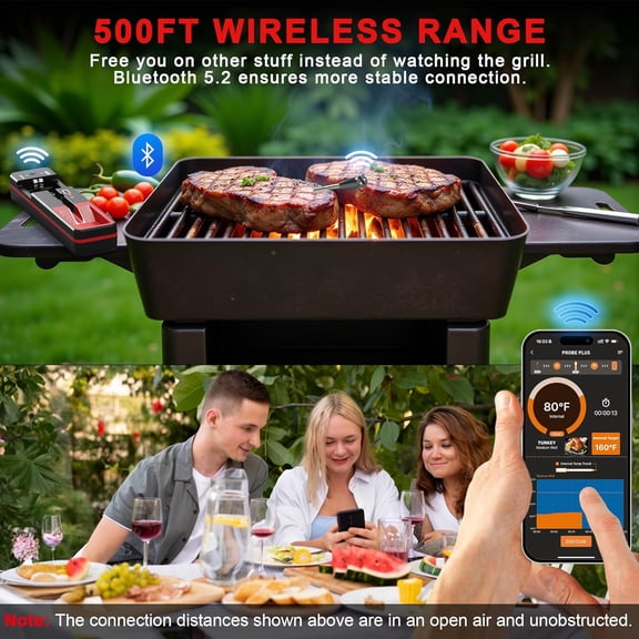 Cooking Thermometer with Dual Sensors for Oven Grill BBQ Fryer, Wireless Meat Probe with App Control and Rechargeable Battery