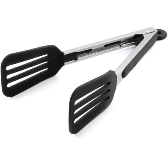 Cooking Tong 9 inches Stainless Steel Kitchen Silicone Serving Tong Heat Resistant Meat Turner Spatula Tongs Fish Tongs with Locking Handle Joint (Black)