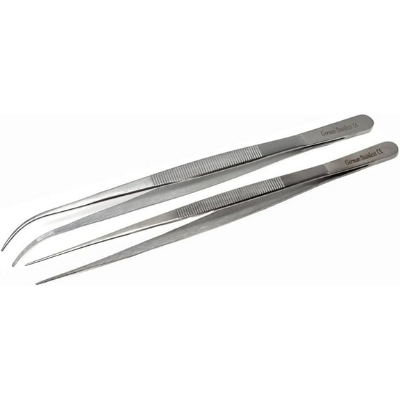 Cooking Tweezer Tongs 8" Straight + Curved Stainless Steel Kitchen Tweezer Set of 2 Professional Multipurpose Tweezers for Cooking, Sea Food, BBQ, Multi-use